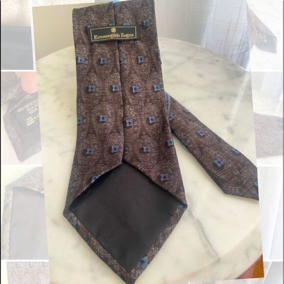 ERMENEGILDO ZEGNA Brown with Blue Grey Accents Recent Tie - Picture 5 of 11